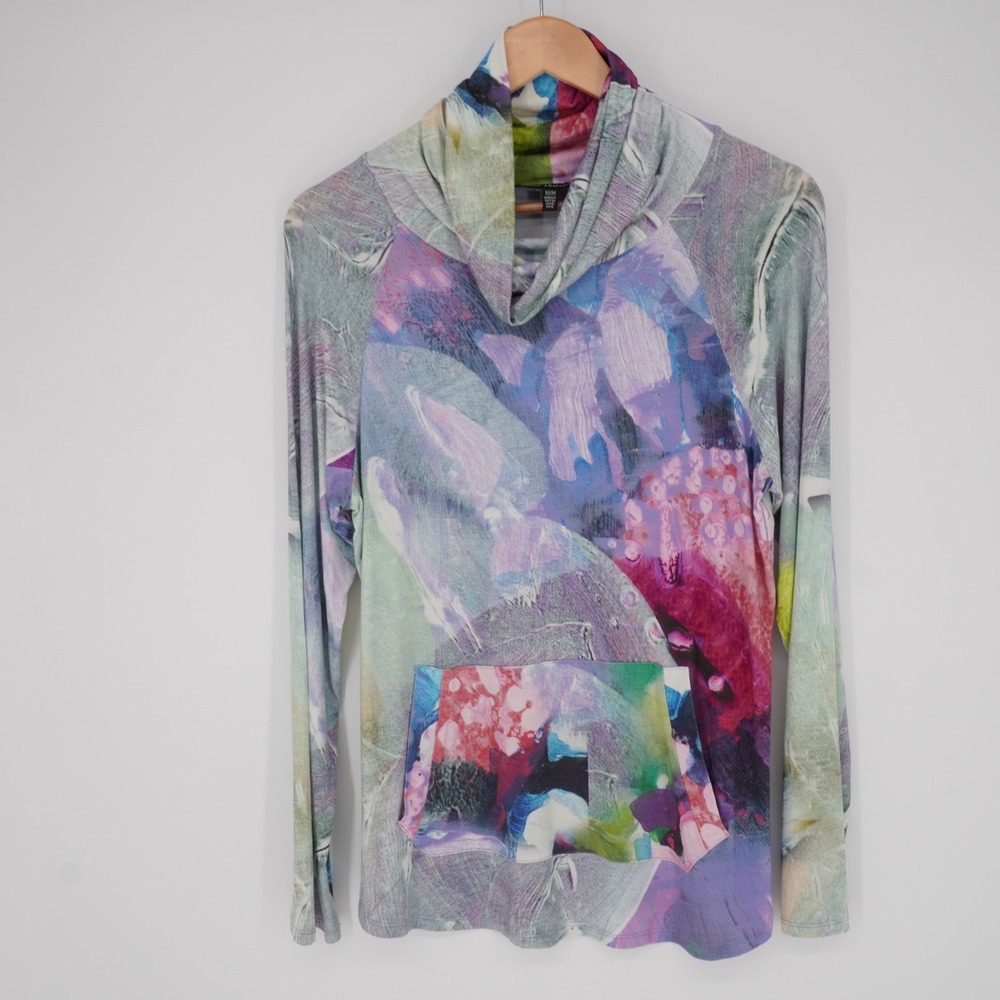 Clair Desjardins Abstract Artwear Cowlneck Tunic Top Womens M Pockets Stretch